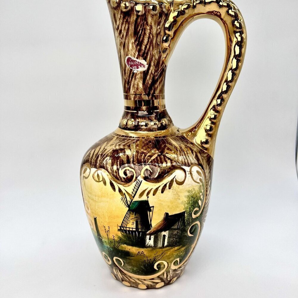 Vintage Hand Painted Ceramic Pitcher Vase Gold Trim Brown Windmill Scene